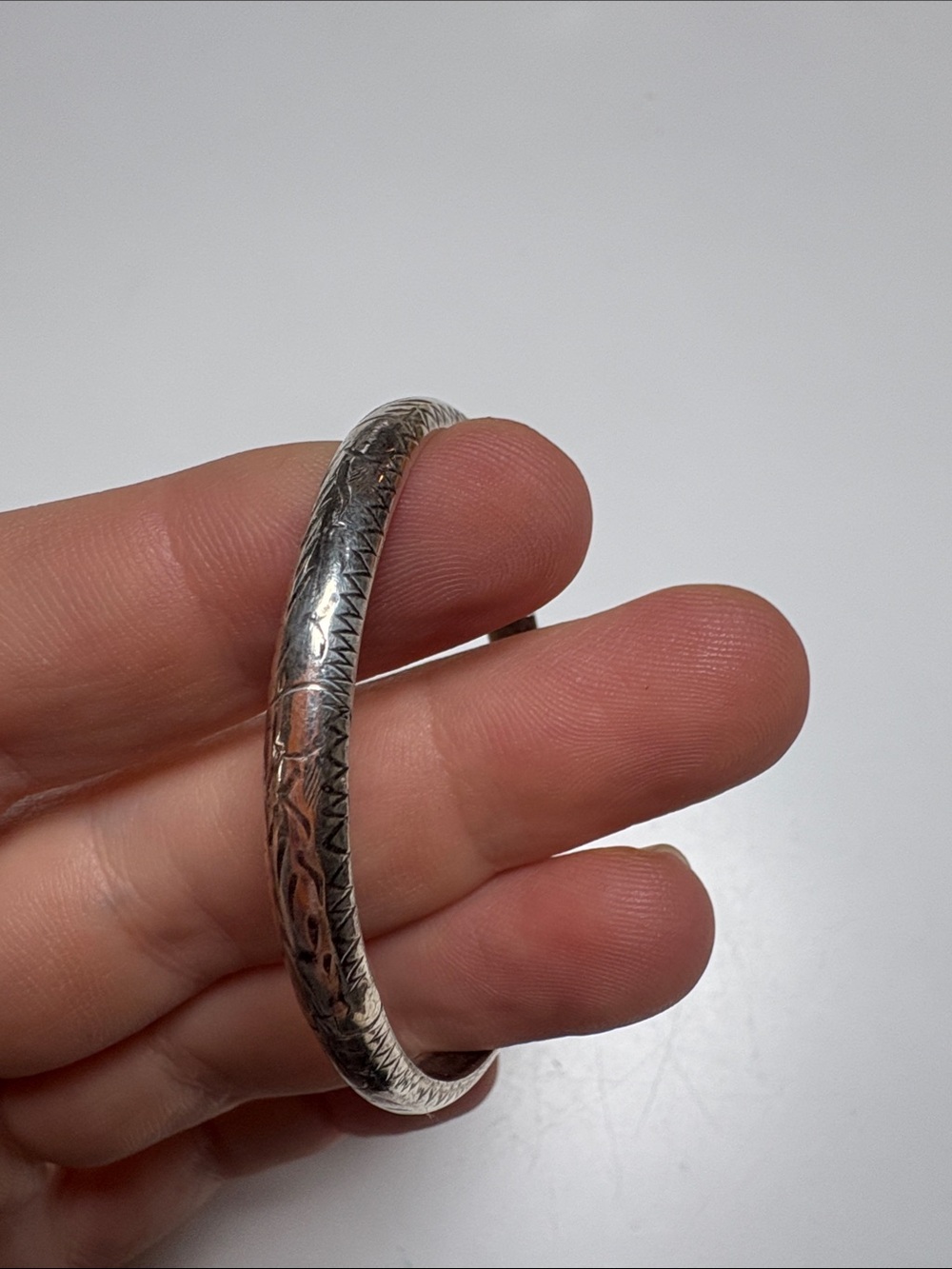 Vintage Etched Sterling Silver Safety Latched Bangle
